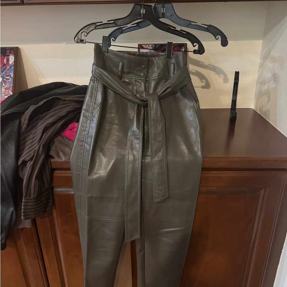 Aritzia Wilfred Olive Green Leather Trousers with Tie Belt